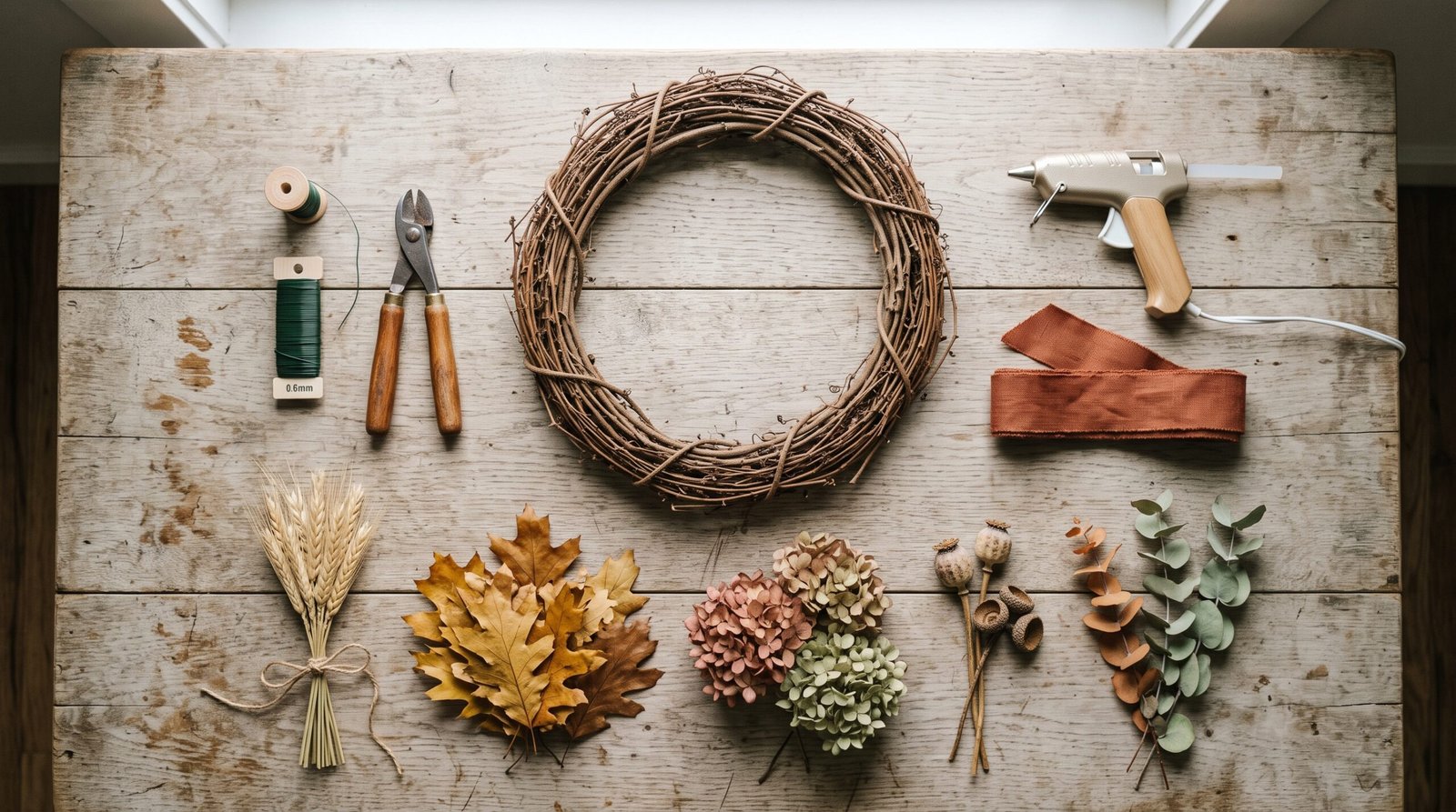 DIY fall wreath supplies flat lay with a grapevine base, floral wire, wire cutters, dried wheat and hydrangea