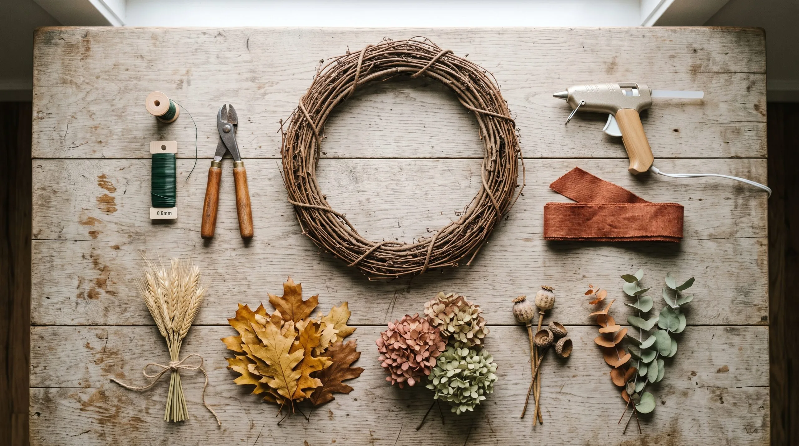 DIY fall wreath supplies flat lay with a grapevine base, floral wire, wire cutters, dried wheat and hydrangea