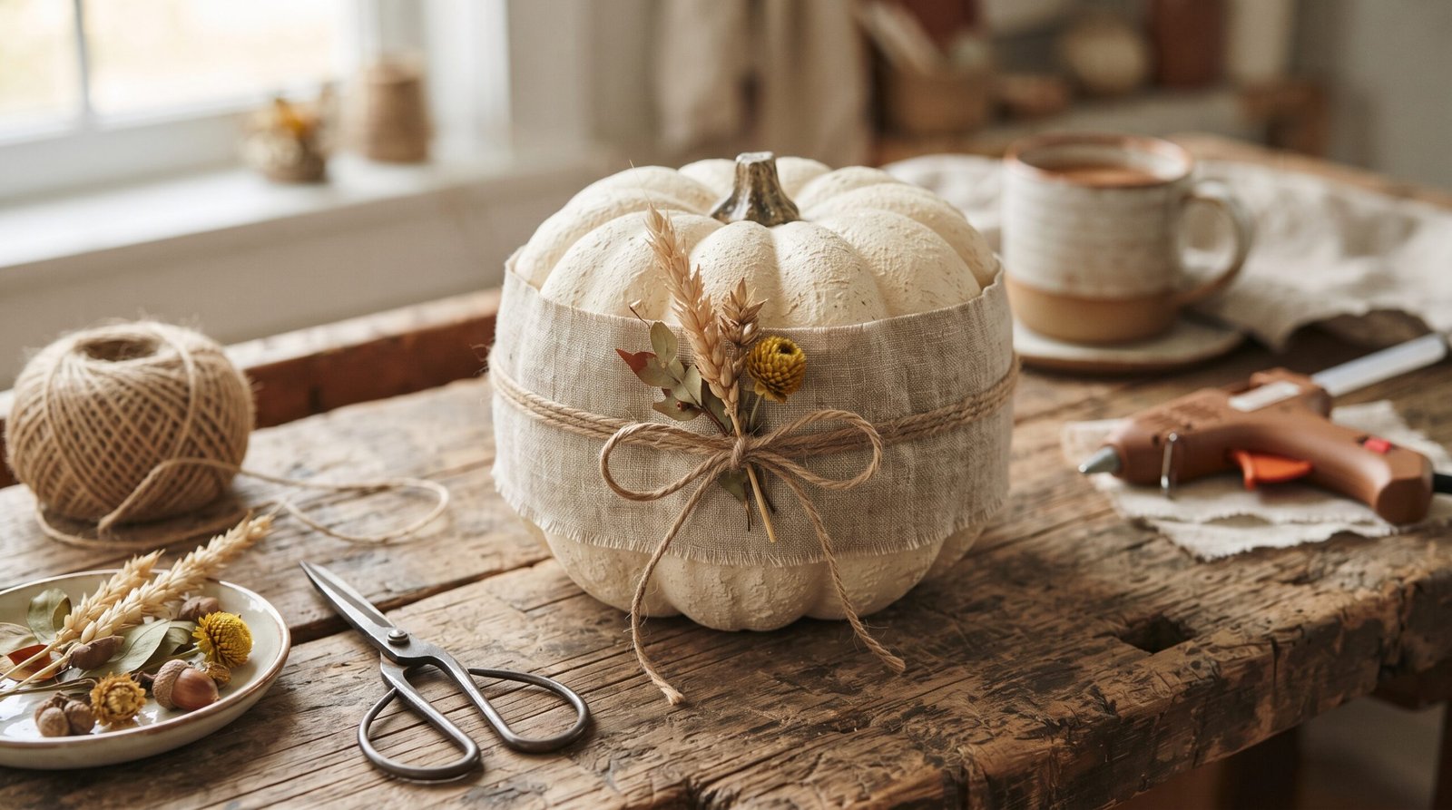 No carve pumpkin decorating idea using a linen fabric wrap and jute twine instead of carving
