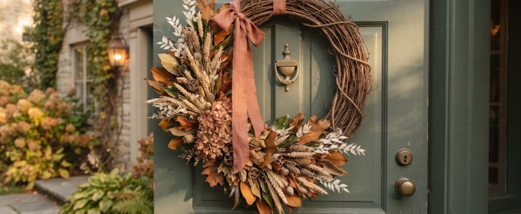 Finished DIY fall wreath on a grapevine base hanging on a sage green front door