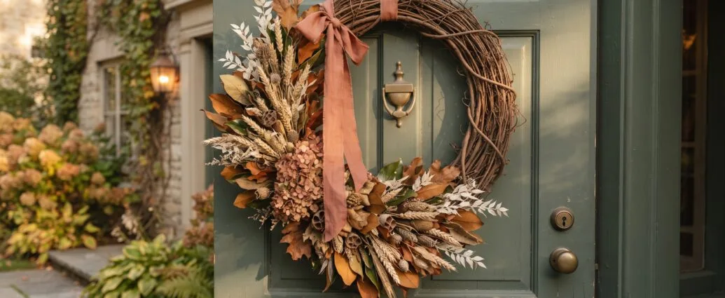 Finished DIY fall wreath on a grapevine base hanging on a sage green front door