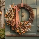 Finished DIY fall wreath on a grapevine base hanging on a sage green front door