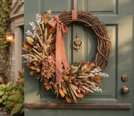 Finished DIY fall wreath on a grapevine base hanging on a sage green front door