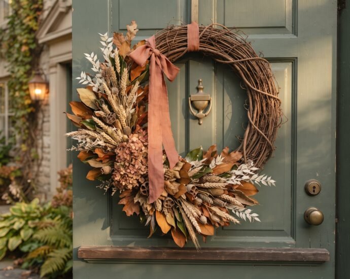 Finished DIY fall wreath on a grapevine base hanging on a sage green front door