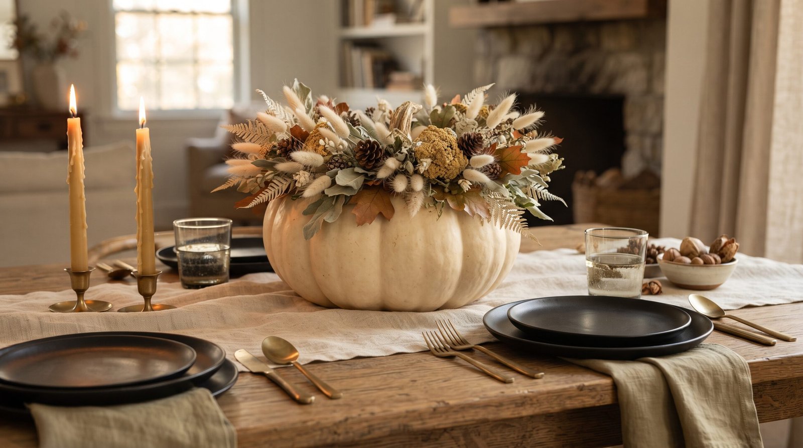 Dried floral crown no carve pumpkin centerpiece on a linen runner with beeswax candles