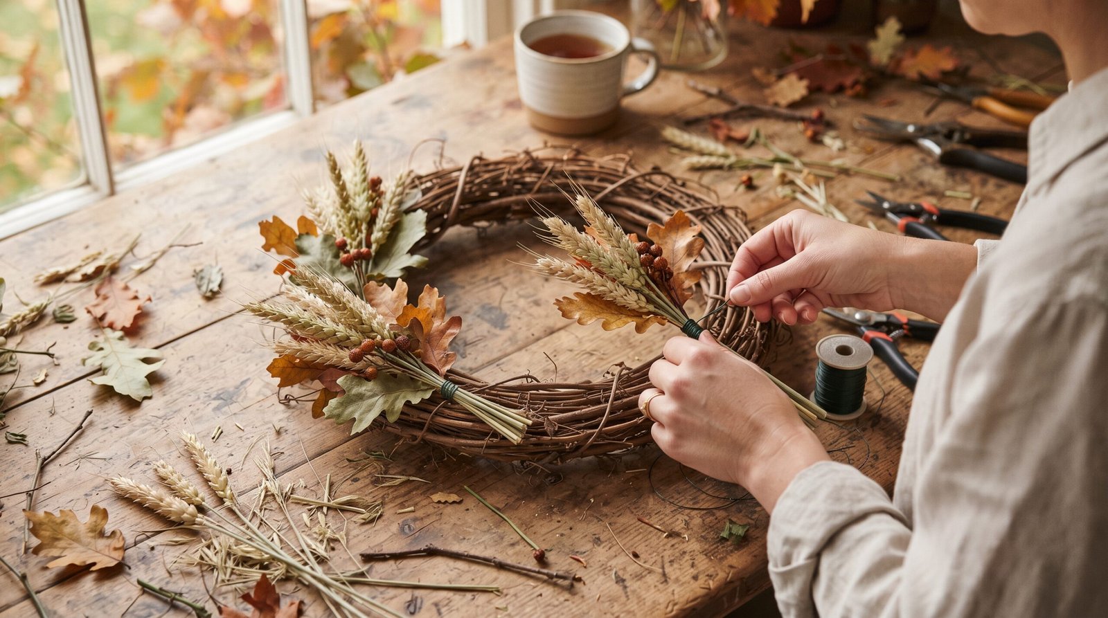 Making a DIY fall wreath by wiring dried wheat bundles onto a grapevine base, all angled the same direction