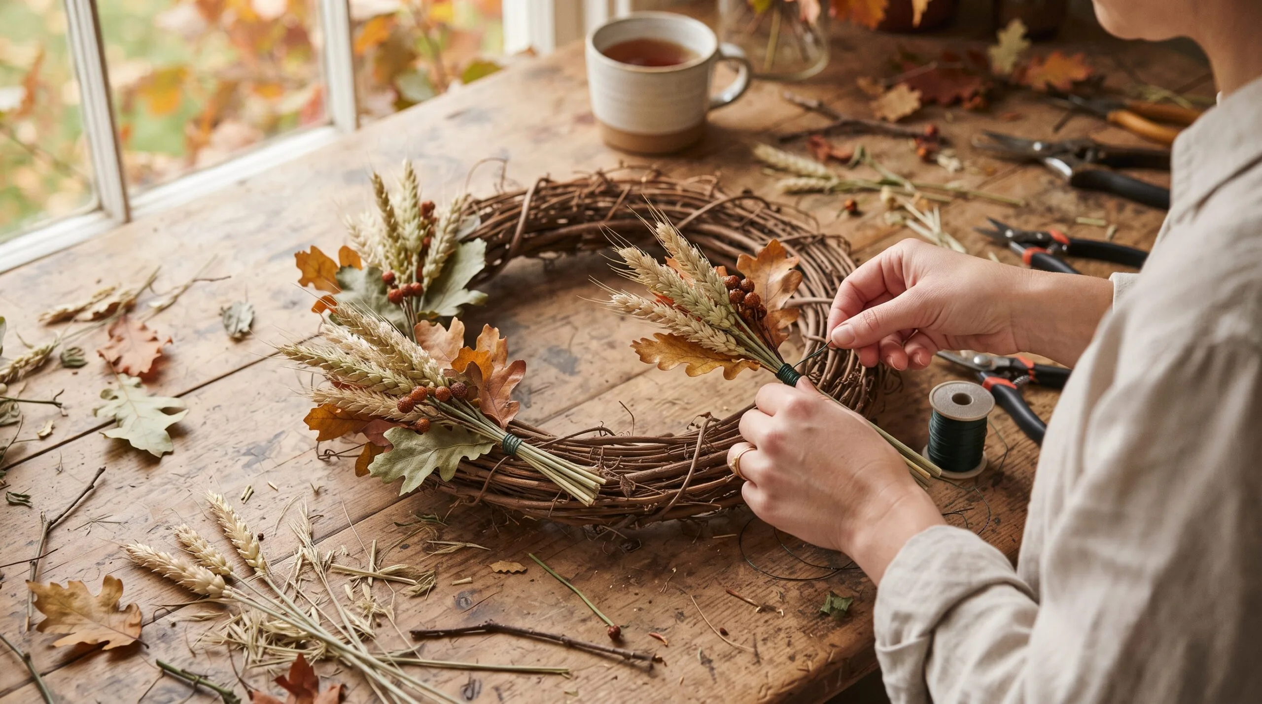Making a DIY fall wreath by wiring dried wheat bundles onto a grapevine base, all angled the same direction