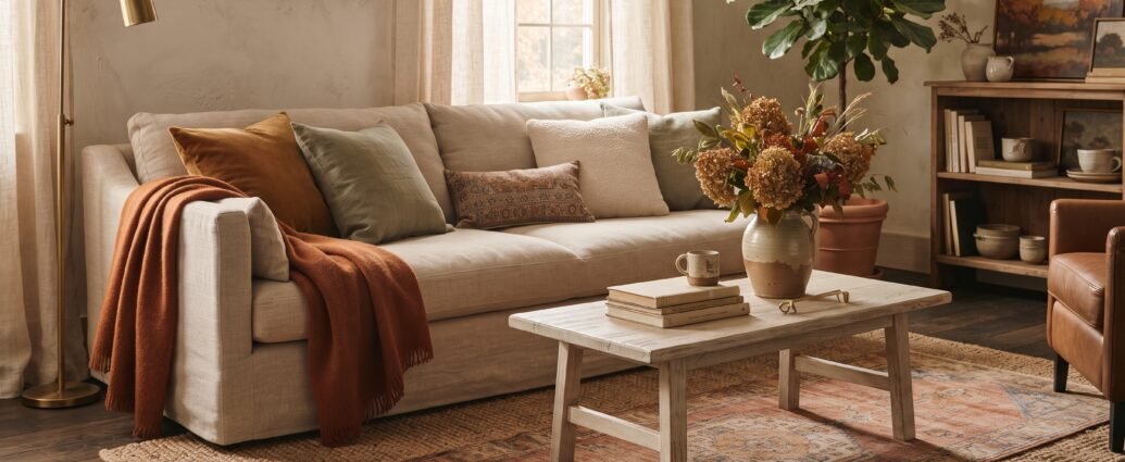Living room with fall decorating ideas: linen sofa, rust throw, ochre pillows and dried hydrangea