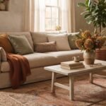 Living room with fall decorating ideas: linen sofa, rust throw, ochre pillows and dried hydrangea