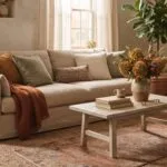 Living room with fall decorating ideas: linen sofa, rust throw, ochre pillows and dried hydrangea