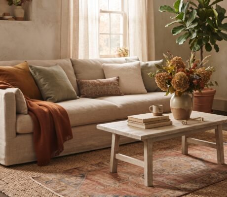 Living room with fall decorating ideas: linen sofa, rust throw, ochre pillows and dried hydrangea