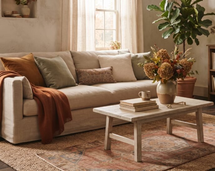 Living room with fall decorating ideas: linen sofa, rust throw, ochre pillows and dried hydrangea