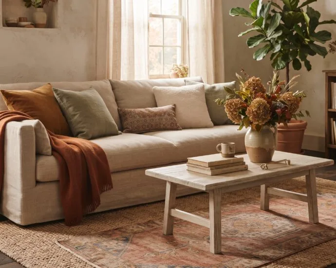 Living room with fall decorating ideas: linen sofa, rust throw, ochre pillows and dried hydrangea