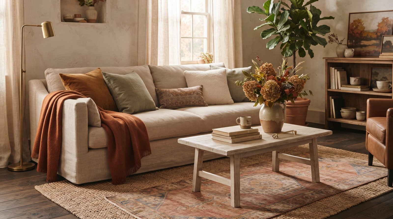 Living room with fall decorating ideas: linen sofa, rust throw, ochre pillows and dried hydrangea