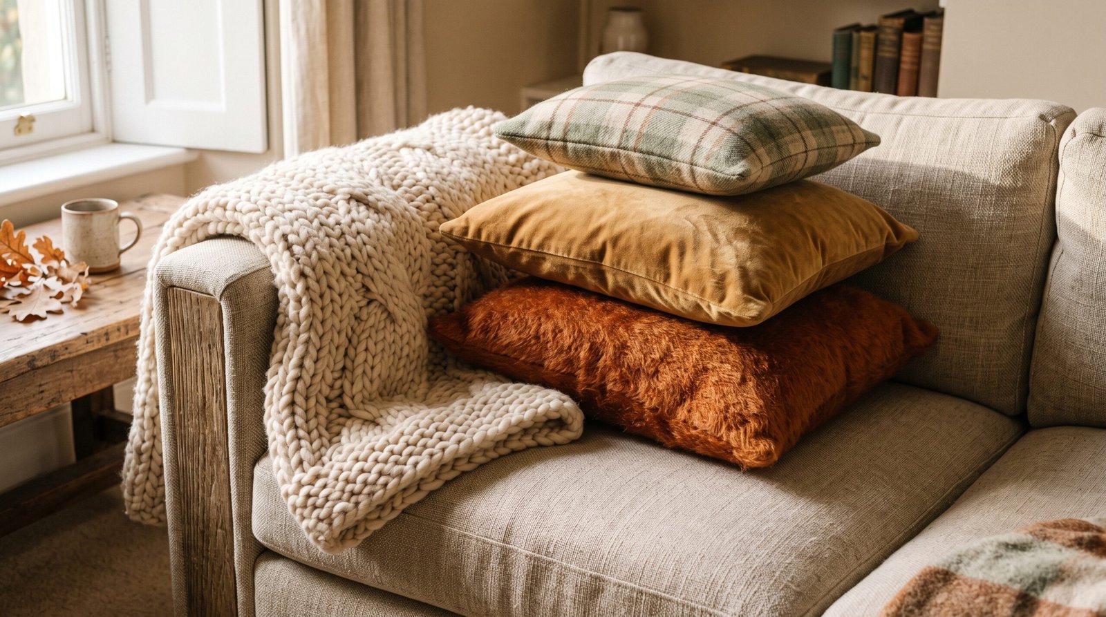 Layered fall living room textiles: cream wool throw and rust, ochre and sage pillows on a linen sofa