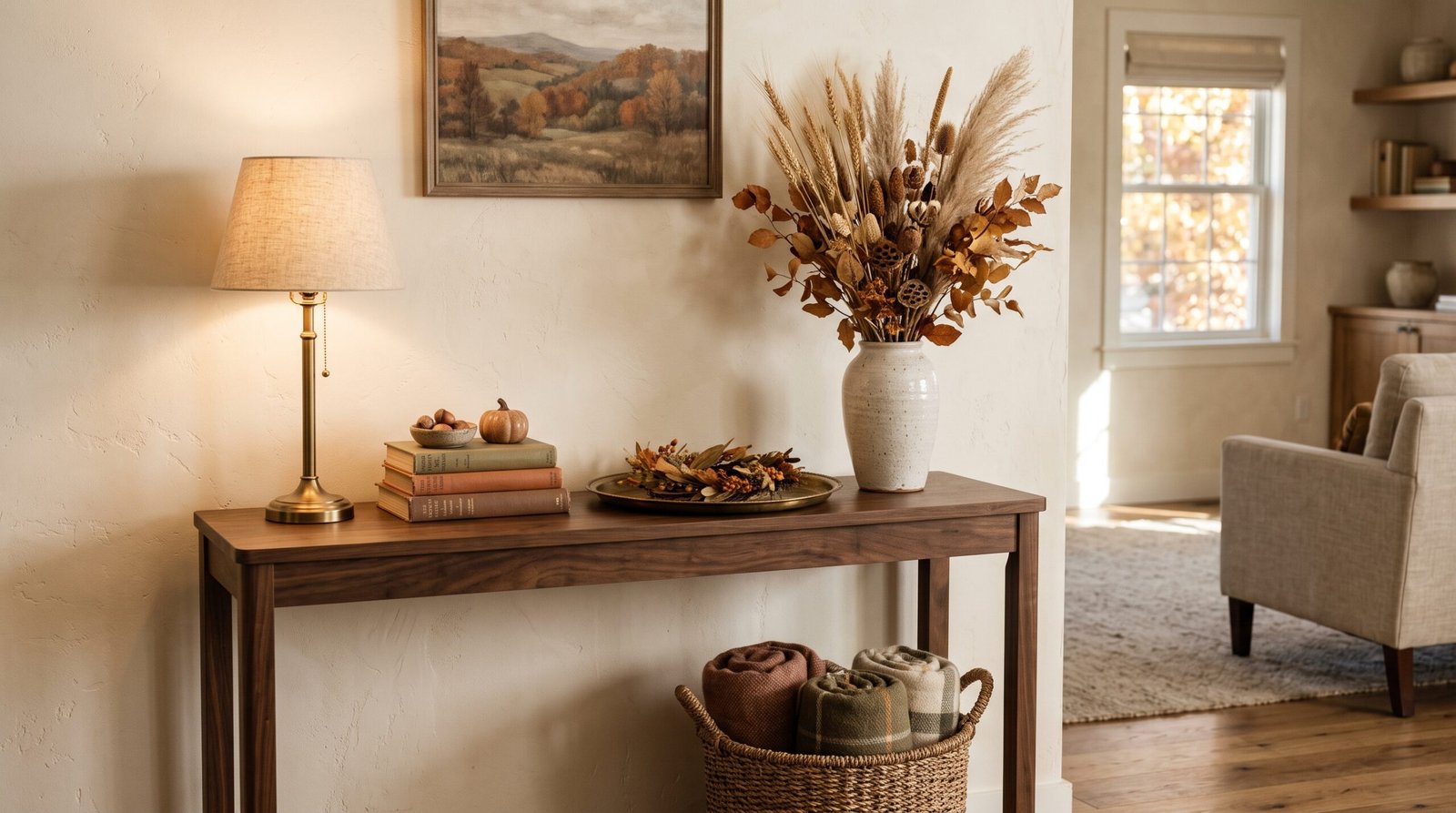 Console table styled with fall decor: dried wheat in a ceramic vessel and a warm brass lamp