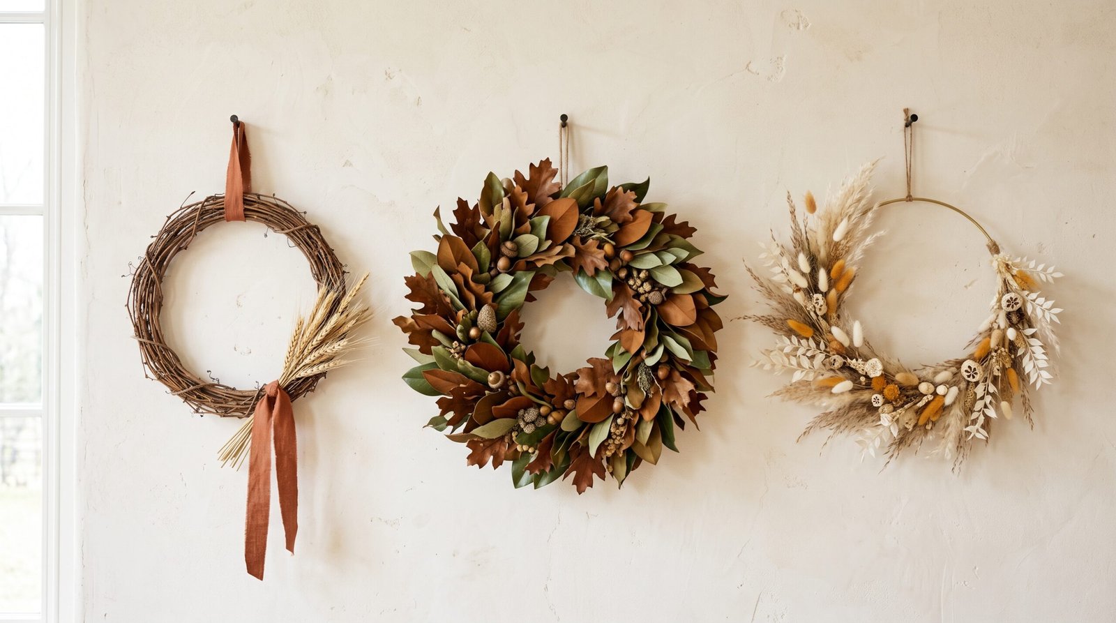 Three DIY fall wreath variations hung side by side: minimal grapevine, full preserved leaf, and airy dried grass on a brass hoop