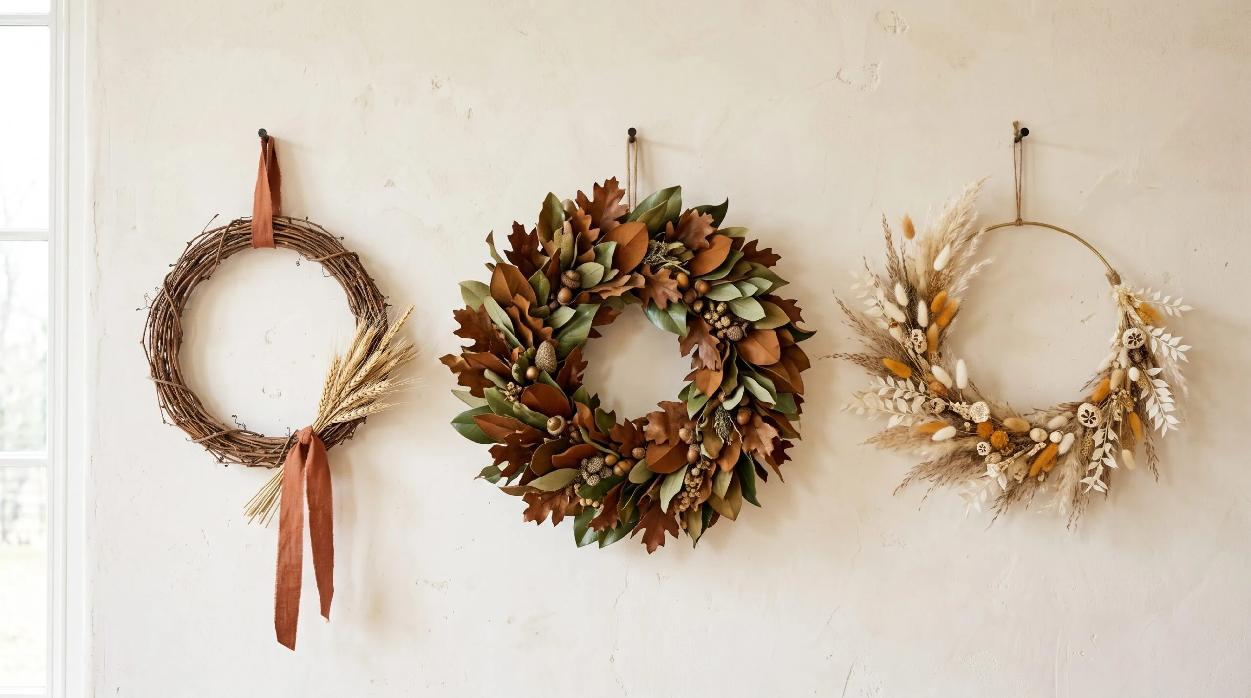 Three DIY fall wreath variations hung side by side: minimal grapevine, full preserved leaf, and airy dried grass on a brass hoop