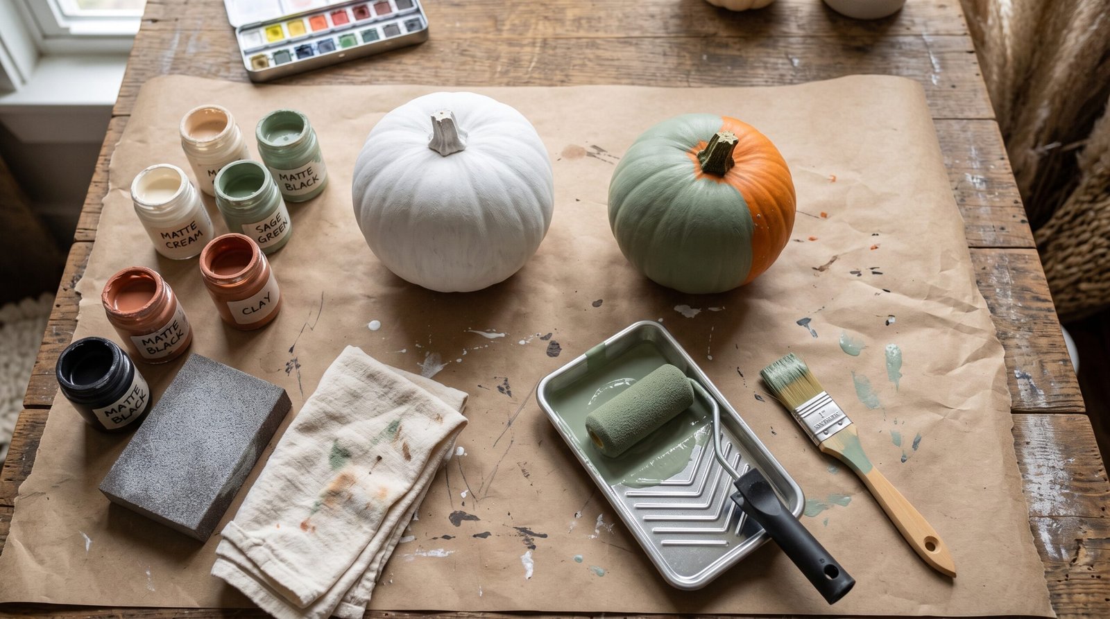 Pumpkin painting supplies including chalk paint, foam roller, brush and sanding sponge set up for painted pumpkin ideas