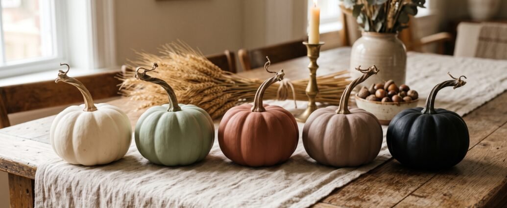 Painted pumpkin ideas in matte chalk finish lined up on a linen runner in cream, sage, clay, taupe and black