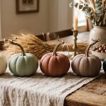 Painted pumpkin ideas in matte chalk finish lined up on a linen runner in cream, sage, clay, taupe and black