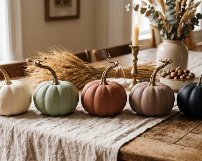 Painted pumpkin ideas in matte chalk finish lined up on a linen runner in cream, sage, clay, taupe and black