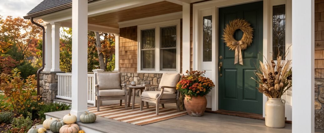 Fall porch decor ideas: a craftsman porch with teak chairs, a jute rug, terracotta pots of bronze mums and heirloom pumpkins