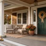 Fall porch decor ideas: a craftsman porch with teak chairs, a jute rug, terracotta pots of bronze mums and heirloom pumpkins
