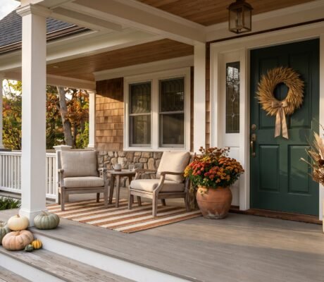 Fall porch decor ideas: a craftsman porch with teak chairs, a jute rug, terracotta pots of bronze mums and heirloom pumpkins