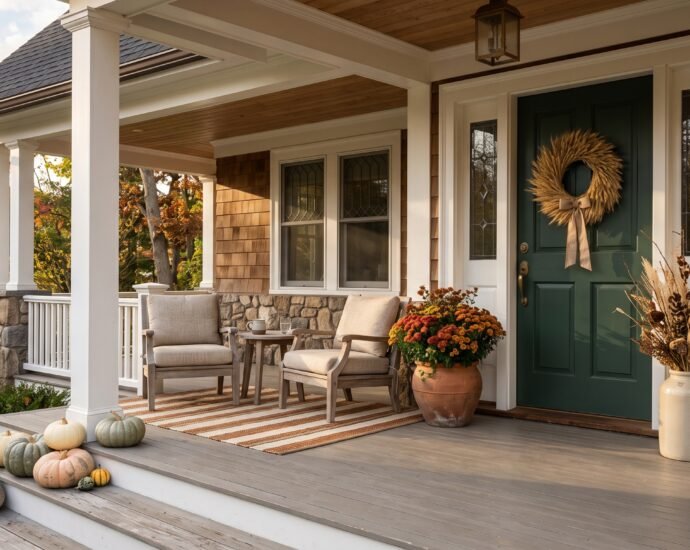 Fall porch decor ideas: a craftsman porch with teak chairs, a jute rug, terracotta pots of bronze mums and heirloom pumpkins