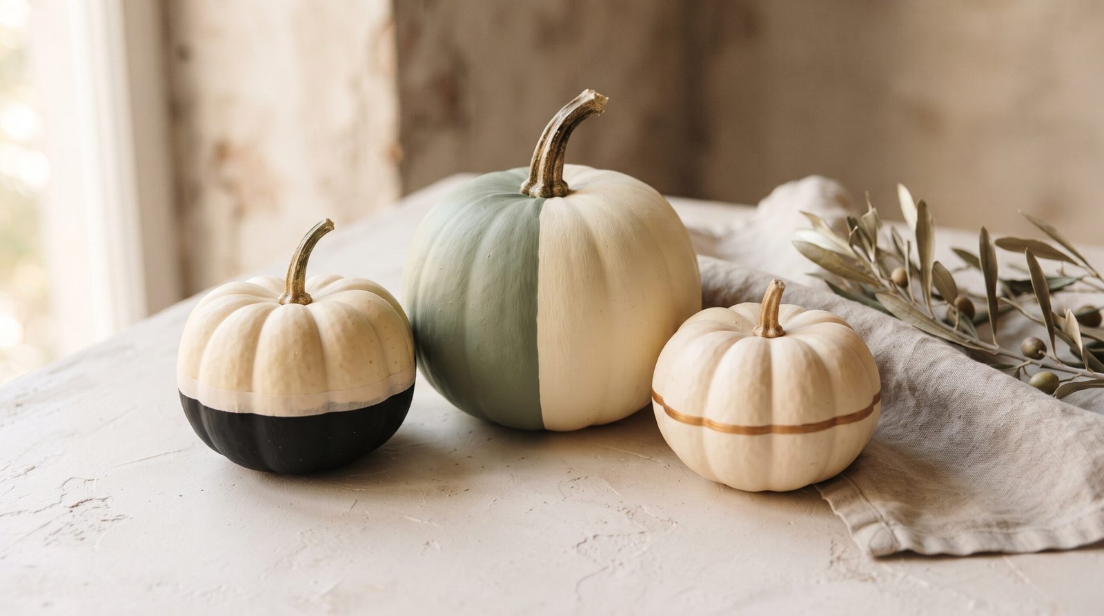 Color blocked and paint dipped painted pumpkin ideas with crisp tape lines in matte black, sage and cream