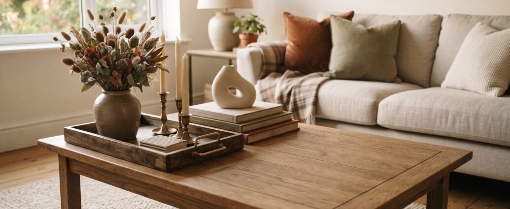 Fall coffee table decor with a wooden tray, stoneware vase, brass taper candles and stacked books