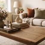 Fall coffee table decor with a wooden tray, stoneware vase, brass taper candles and stacked books
