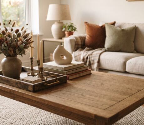 Fall coffee table decor with a wooden tray, stoneware vase, brass taper candles and stacked books