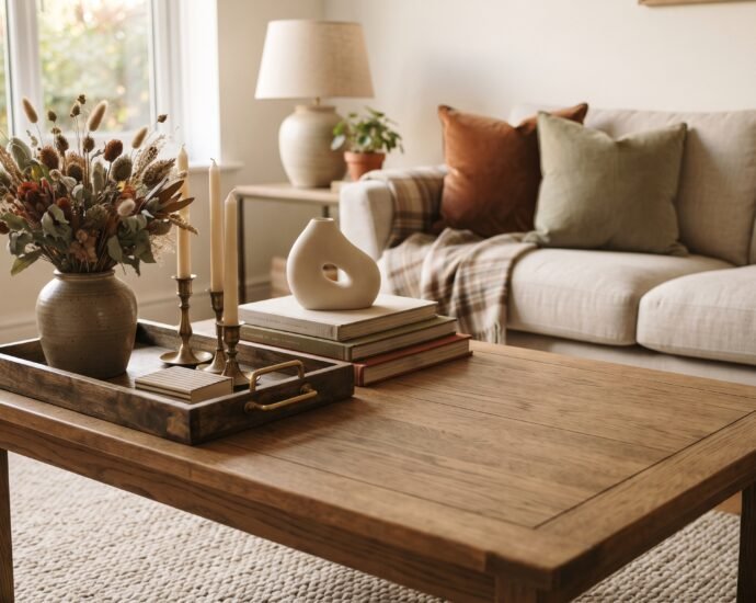 Fall coffee table decor with a wooden tray, stoneware vase, brass taper candles and stacked books