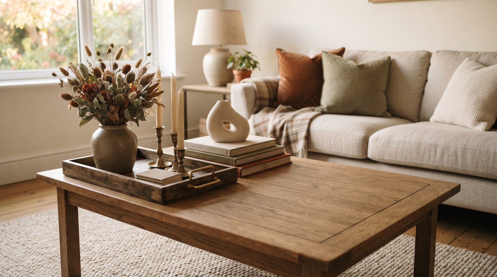 Fall coffee table decor with a wooden tray, stoneware vase, brass taper candles and stacked books
