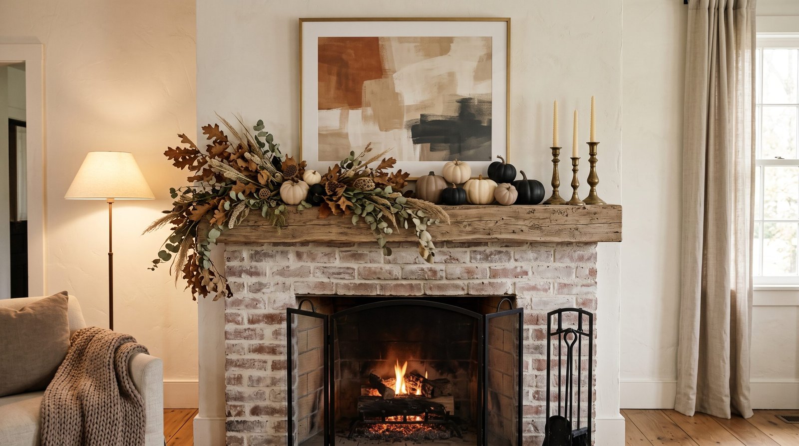 Fall mantel styled with painted pumpkins in cream, taupe and matte black alongside brass candlesticks and dried leaf garland
