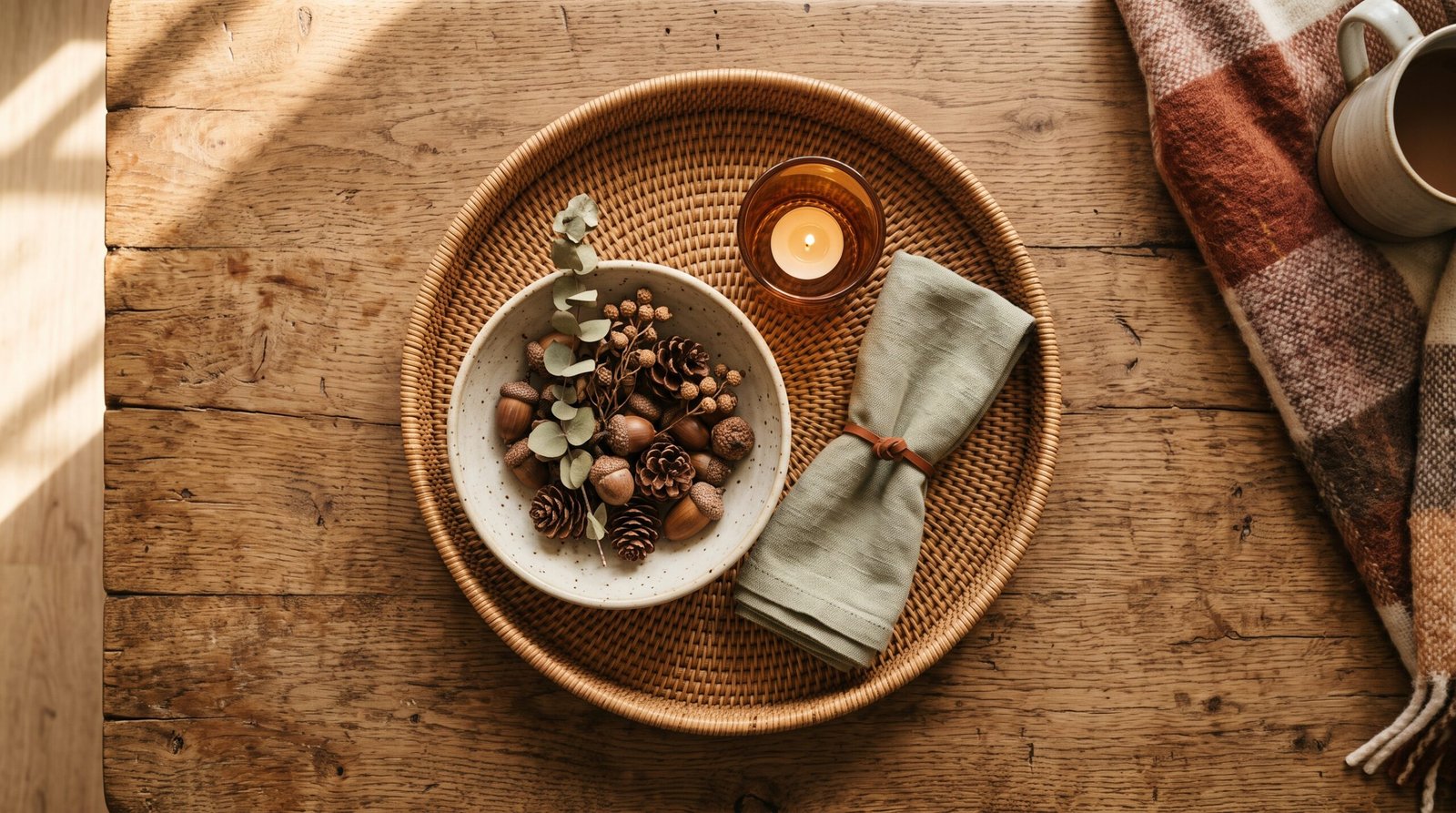 Overhead view of fall coffee table decor arranged on a round rattan tray with clear surface around it