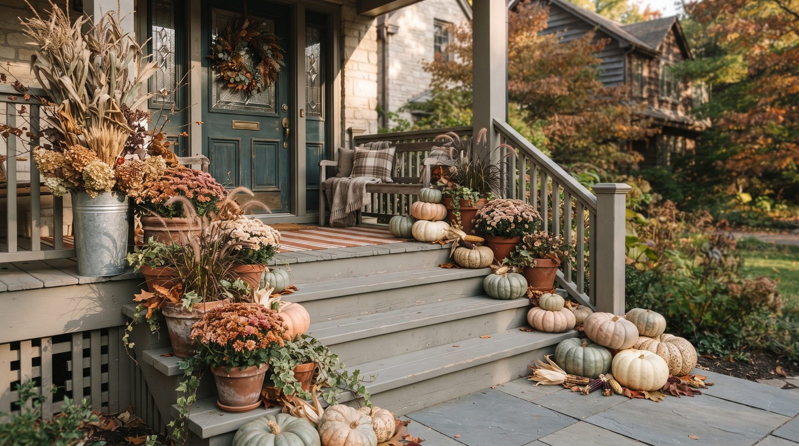 Fall porch decor on the front steps with staggered terracotta pots of mums, ornamental grasses and heirloom pumpkins