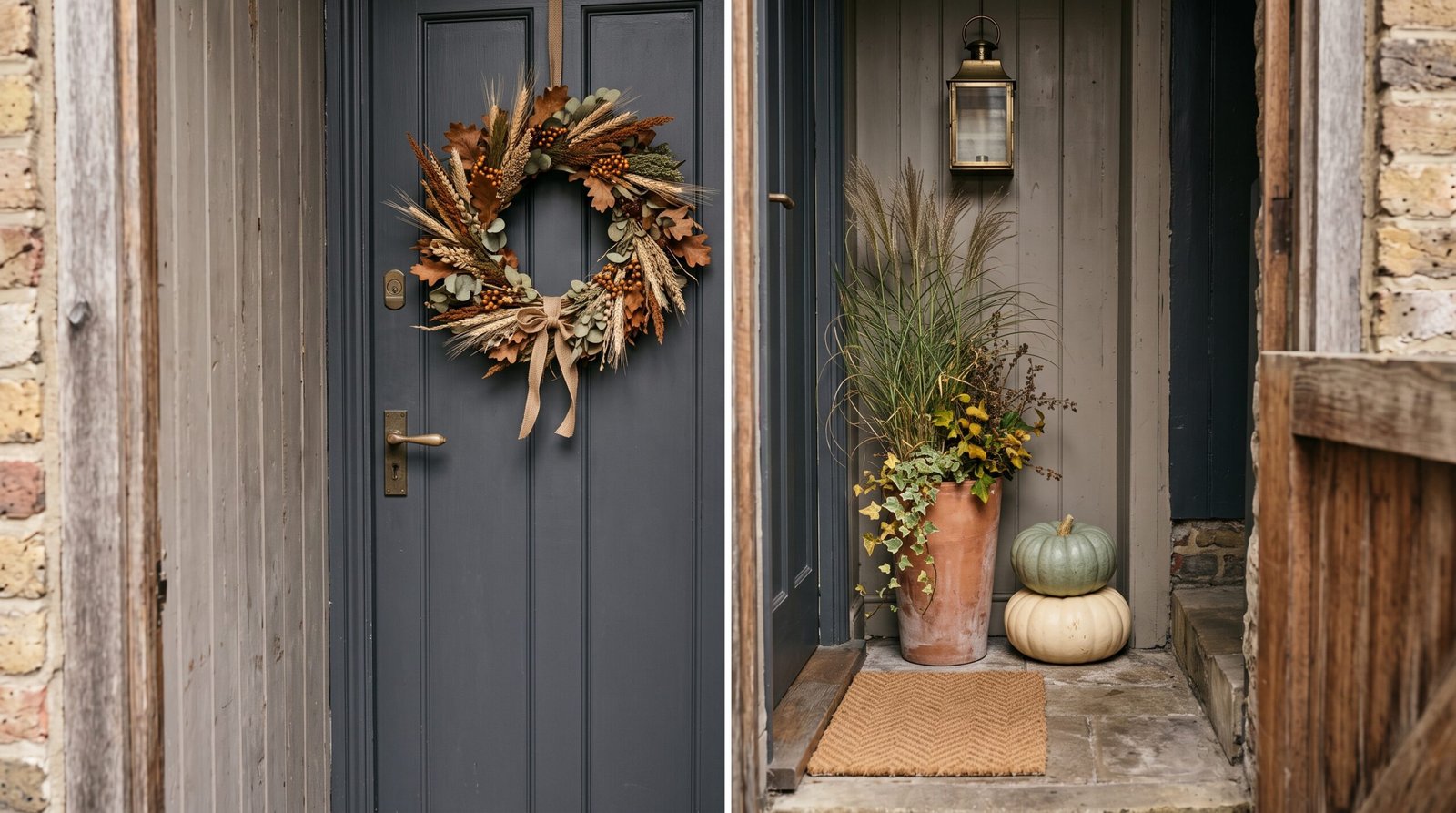 Small apartment fall porch decor with one tall terracotta planter, stacked pumpkins, a coir mat and a dried wreath