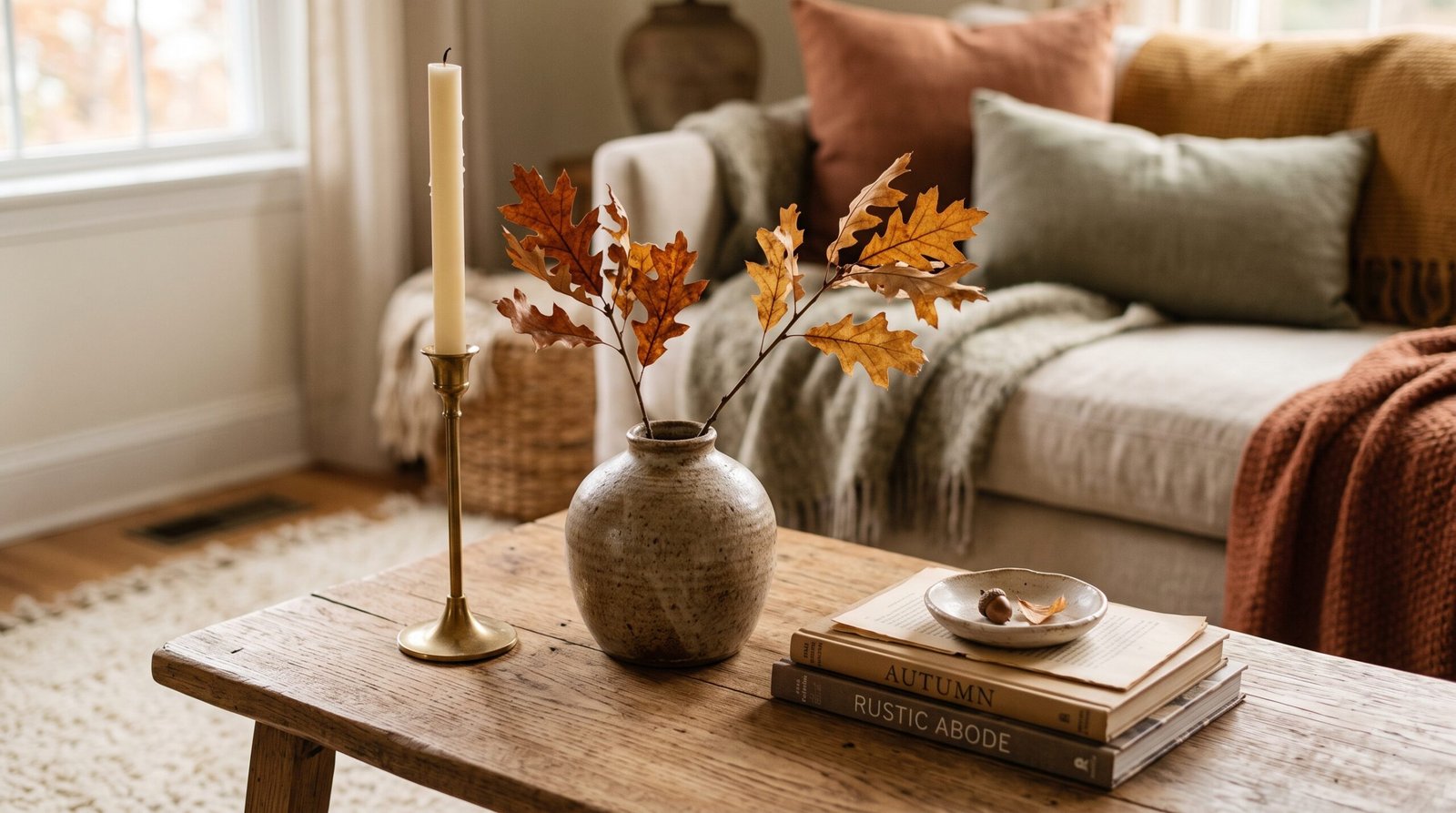 Height variation in fall coffee table decor: tall brass candlestick, medium vase and low stack of books