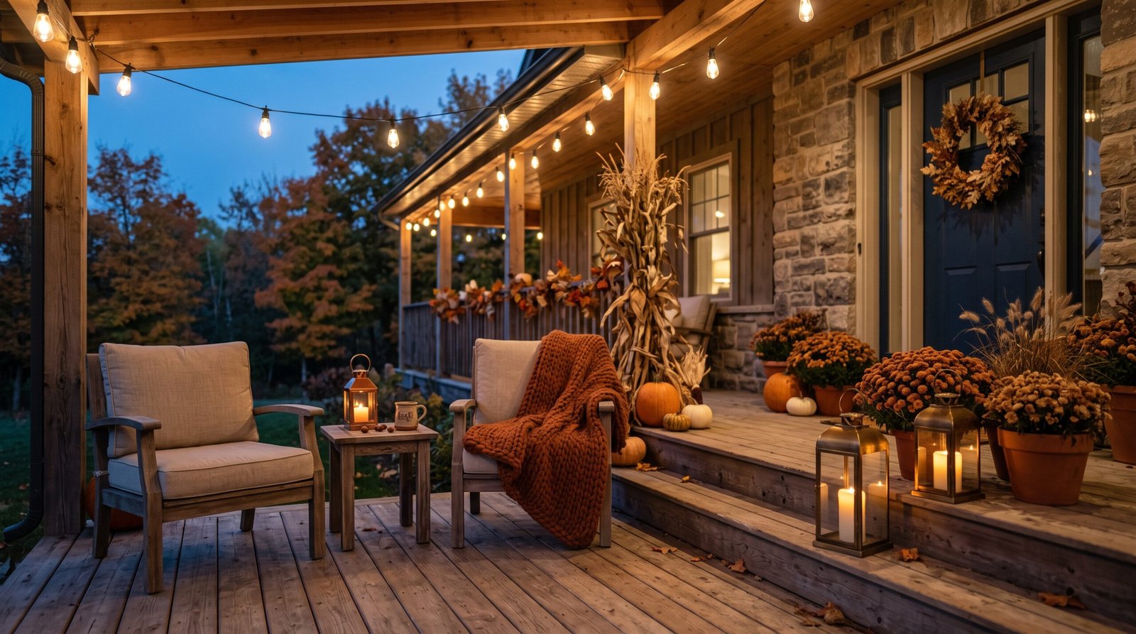 Fall porch decor at dusk with warm string lights, brass lanterns with pillar candles and a rust knit throw