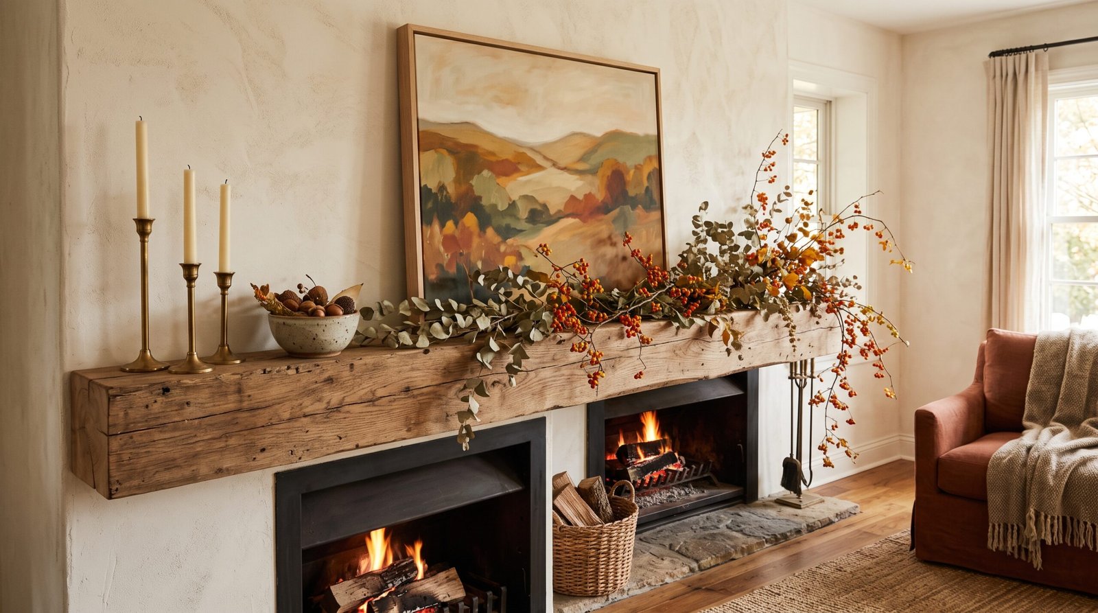 Fall living room mantel decorated with a dried eucalyptus garland and brass candlesticks