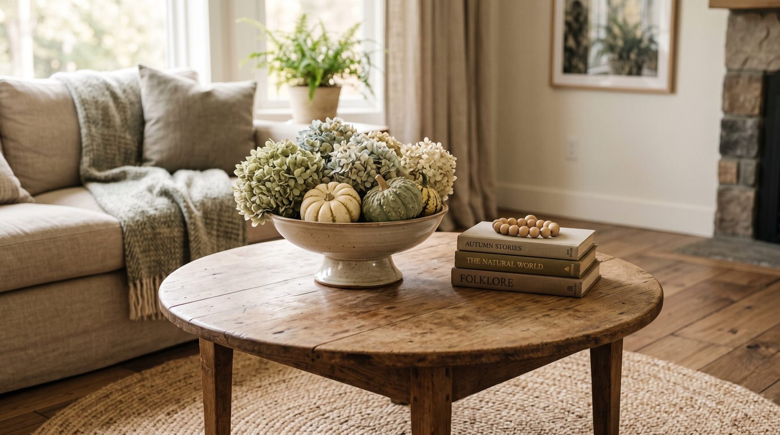 Round coffee table with simple fall decor: a stoneware pedestal bowl of dried hydrangea and small gourds