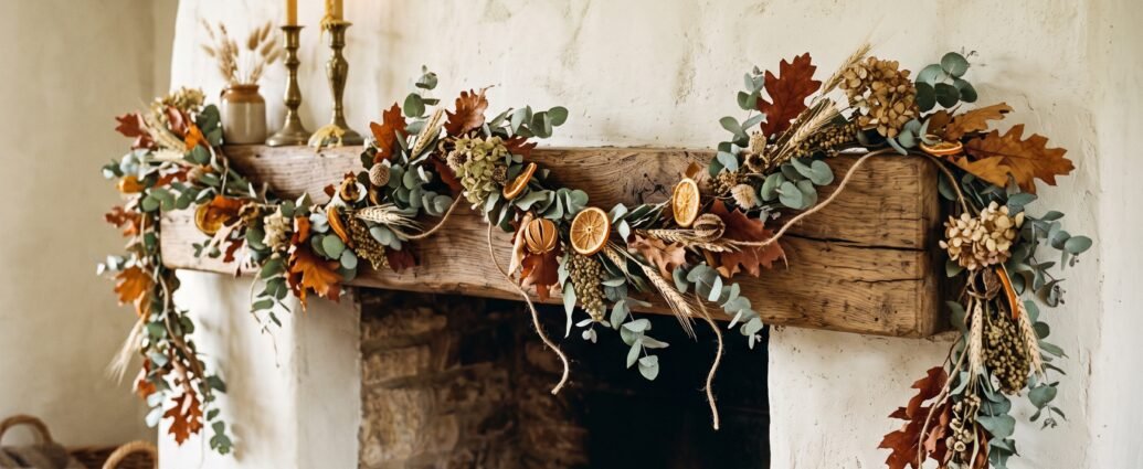 Finished DIY fall garland of dried eucalyptus, oak leaves, wheat and orange slices draped on an oak mantel