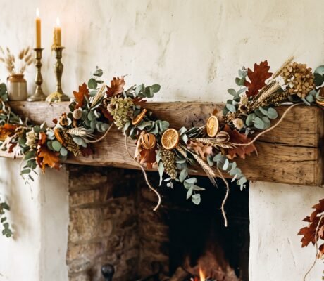 Finished DIY fall garland of dried eucalyptus, oak leaves, wheat and orange slices draped on an oak mantel