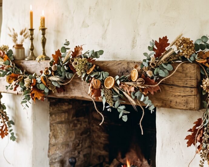 Finished DIY fall garland of dried eucalyptus, oak leaves, wheat and orange slices draped on an oak mantel