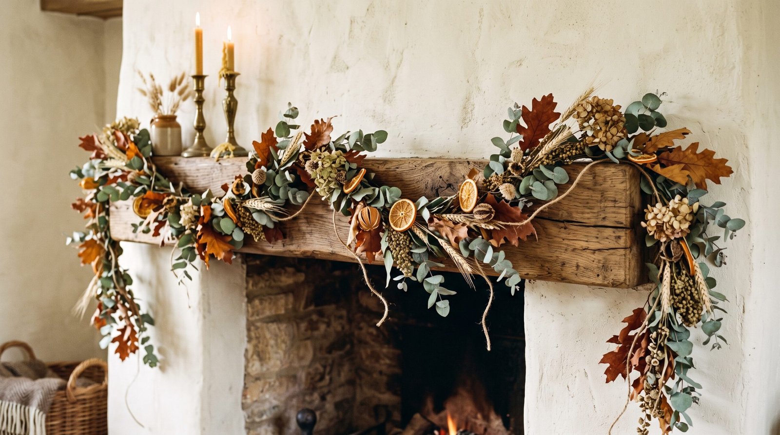 Finished DIY fall garland of dried eucalyptus, oak leaves, wheat and orange slices draped on an oak mantel