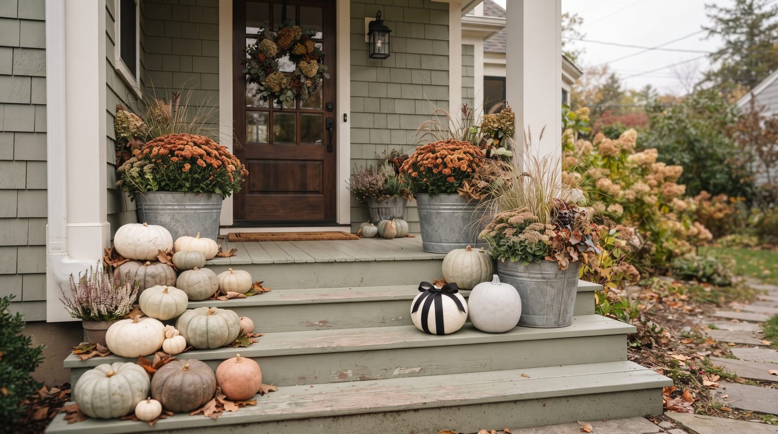 Front porch steps styled with no carve pumpkins in white, sage and terracotta with ornamental grasses