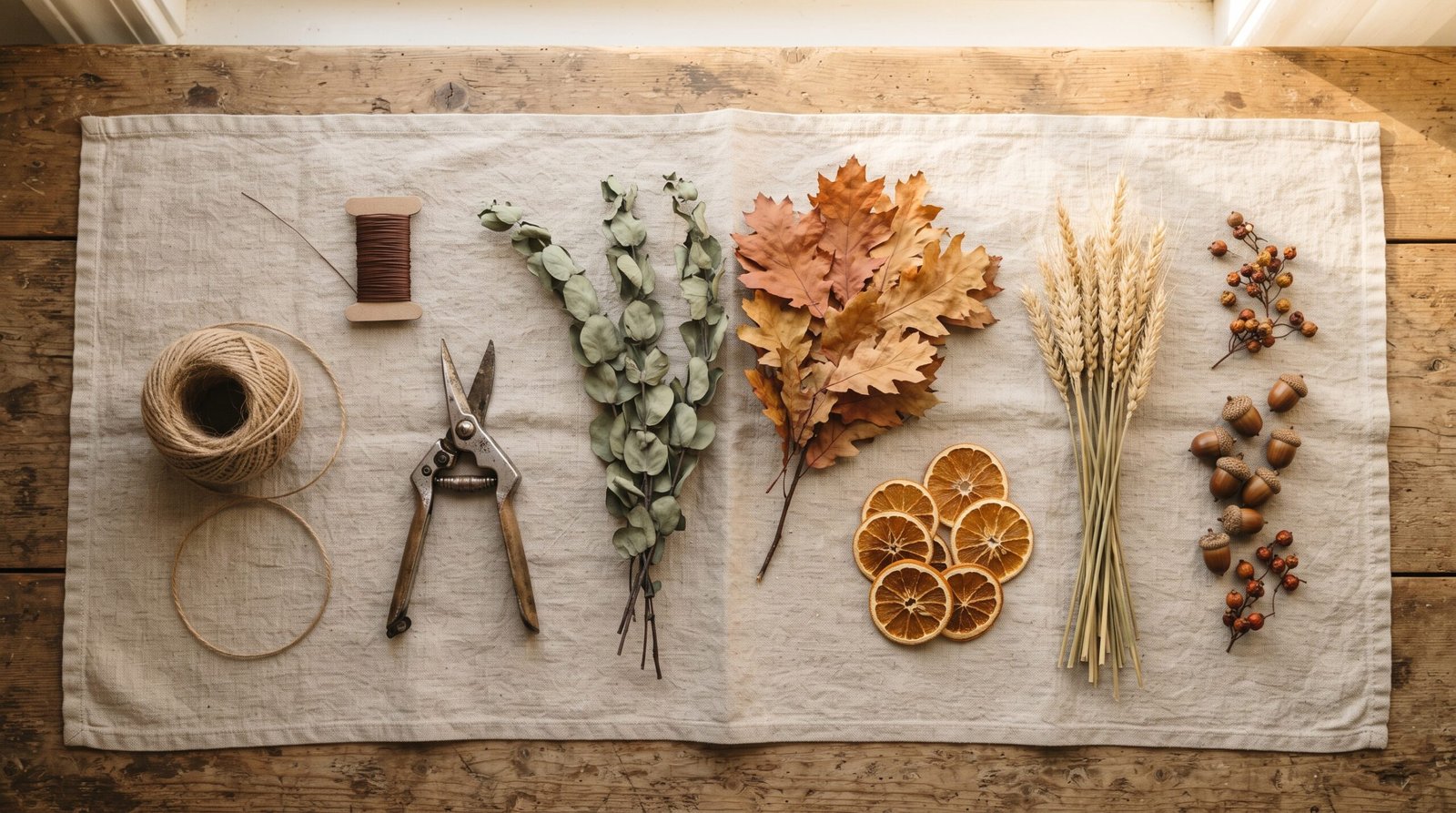 DIY fall garland supplies laid out: jute twine, paddle floral wire, snips, dried eucalyptus, wheat and orange slices